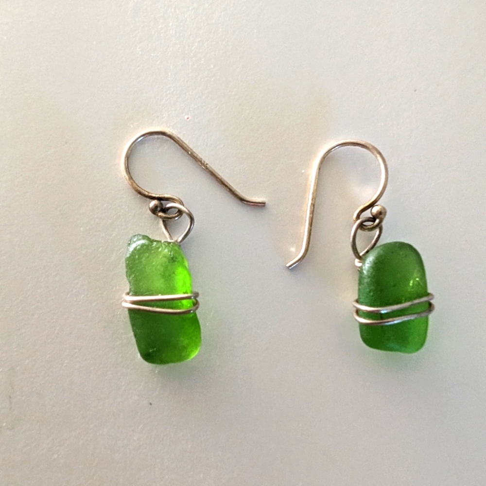 Beach glass silver wire wrapped earrings